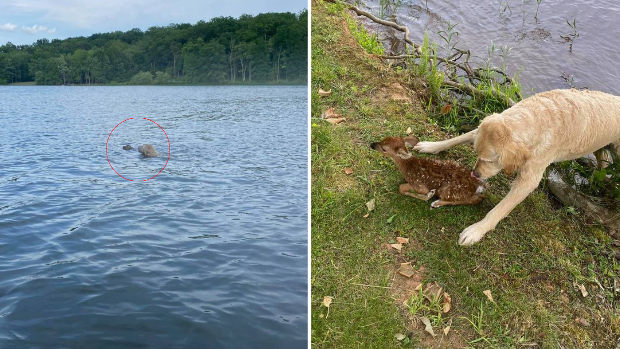 Cão mergulha em lago para resgatar um filhote de cervo e o guia até a praia