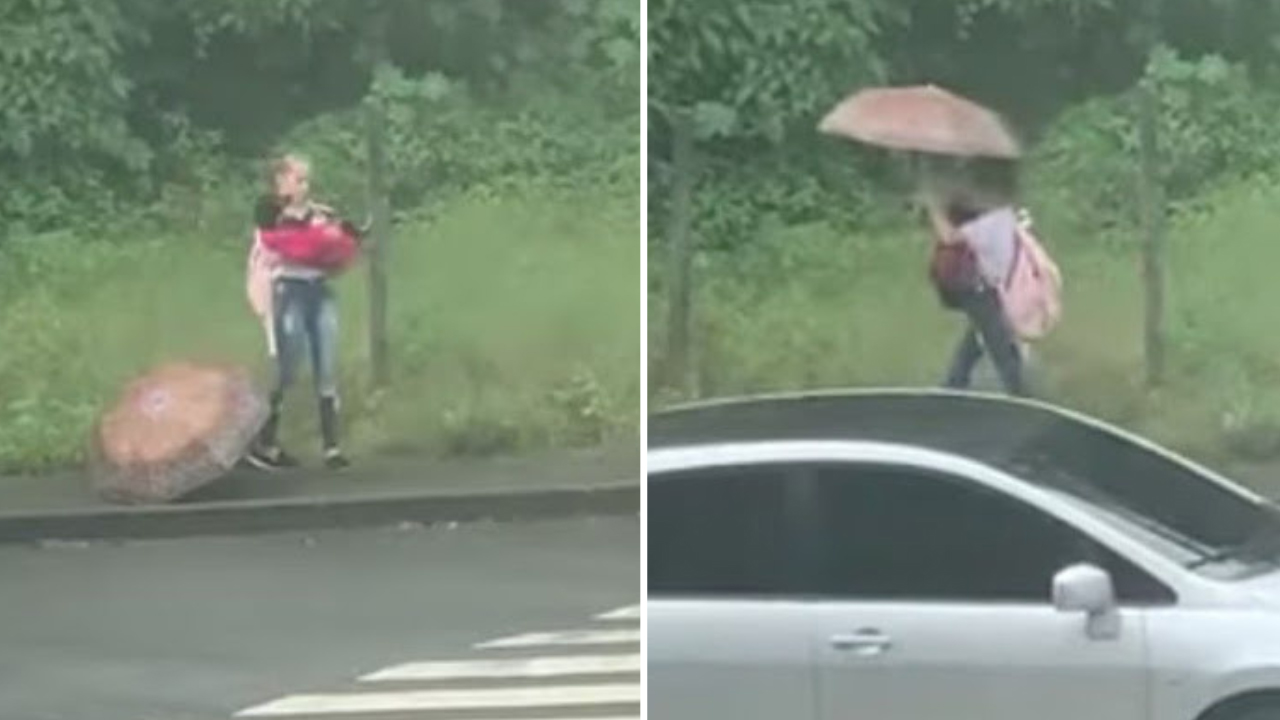 Mulher enfrenta forte chuva para salvar cachorrinho abandonado